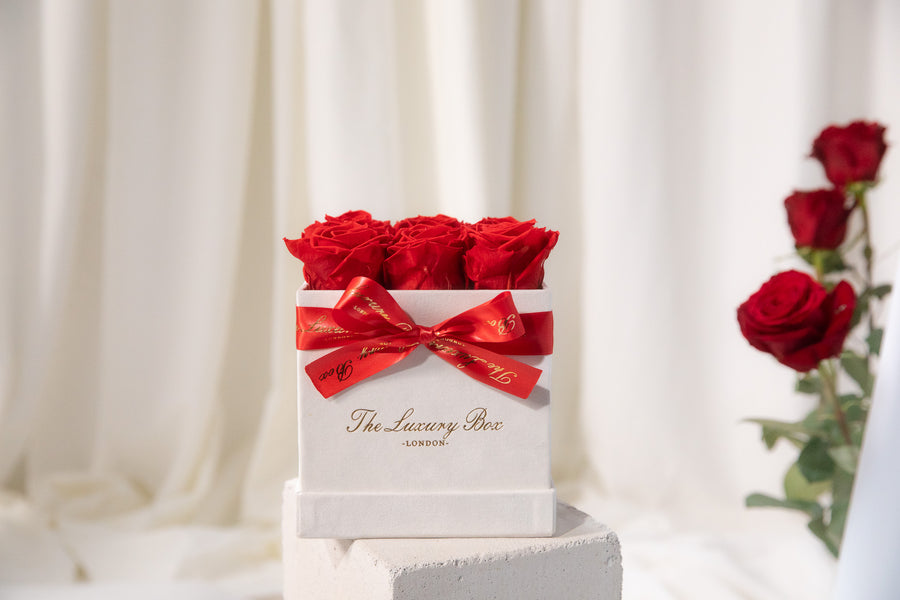 red infinity roses that last for years in square box, the perfect Valentine's Day gift delivered