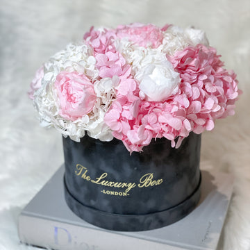 Hydrangea and Peony bouquet. floral arrangement flower box for flower delivery 