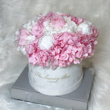 Hydrangea and Peony bouquet. floral arrangement flower box for flower delivery 