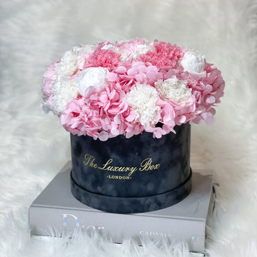 Pink and white preserved floral arrangement bouquet flower box for flower delivery in UK