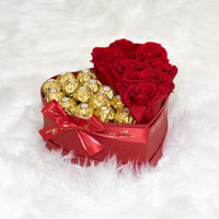 Red infinity roses and chocolate for Valentine's Day delivery in heart shaped box