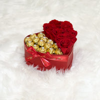 Red infinity roses and chocolate for Valentine's Day delivery in heart shaped box