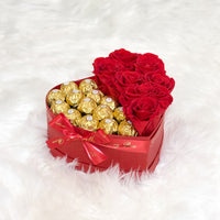 Red infinity roses and chocolate for Valentine's Day delivery in heart shaped box