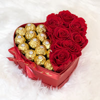 Red infinity roses and chocolate for Valentine's Day delivery in heart shaped box