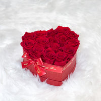 Red infinity roses for Valentine's Day delivery in heart shaped box