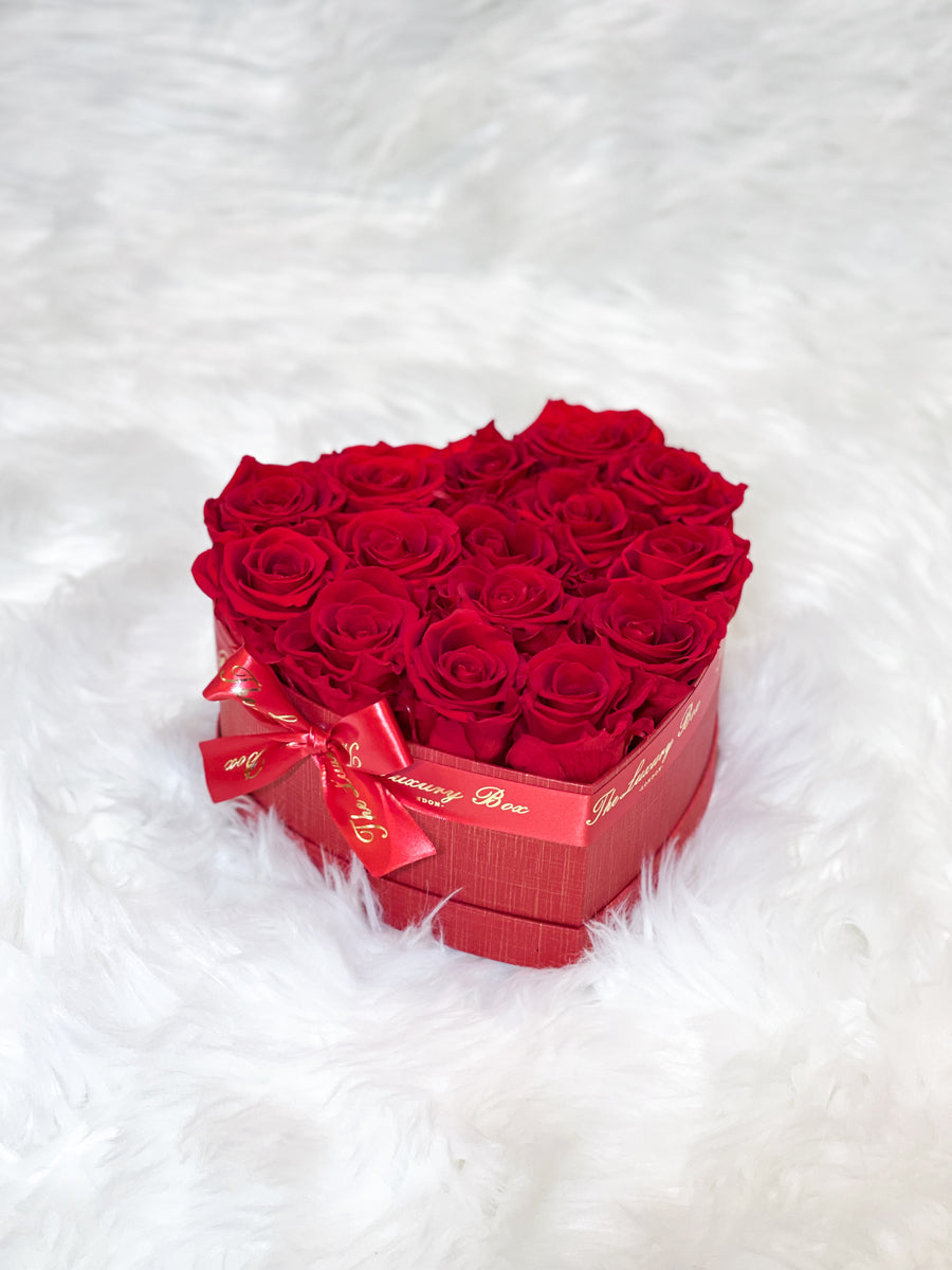 Red infinity roses for Valentine's Day delivery in heart shaped box