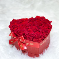 Red infinity roses for Valentine's Day delivery in heart shaped box