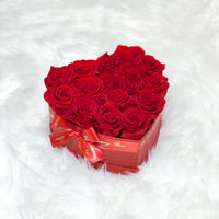 Red infinity roses for Valentine's Day delivery in heart shaped box