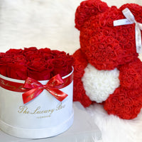 Red & White Rose Bear & Eternity Rose Box Set | Valentine's Day Flowers Gift Set