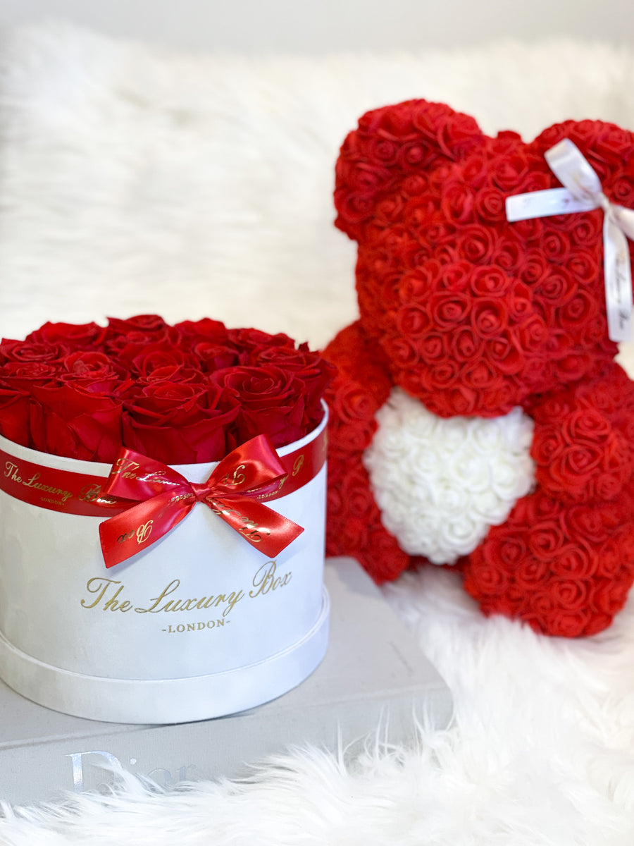 Red & White Rose Bear & Eternity Rose Box Set | Valentine's Day Flowers Gift Set