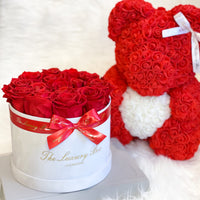 Red & White Rose Bear & Eternity Rose Box Set | Valentine's Day Flowers Gift Set