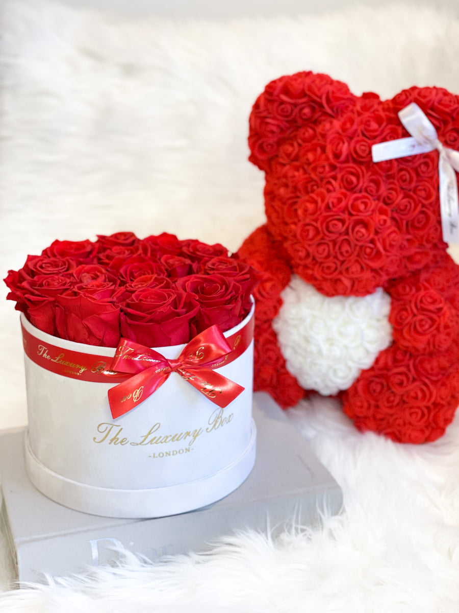 Red & White Rose Bear & Eternity Rose Box Set | Valentine's Day Flowers Gift Set