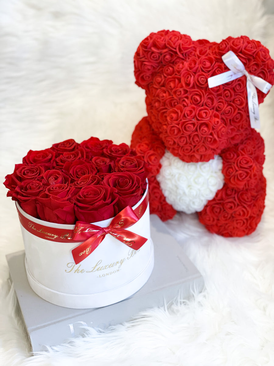 Red Rose bear and Eternity roses box set luxury gift for Valentine's Day, birthdays, wedding anniversary, new baby gift and special occasions