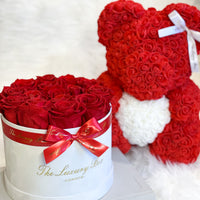 Red Rose bear and Eternity roses box set luxury gift for Valentine's Day, birthdays, wedding anniversary, new baby gift and special occasions