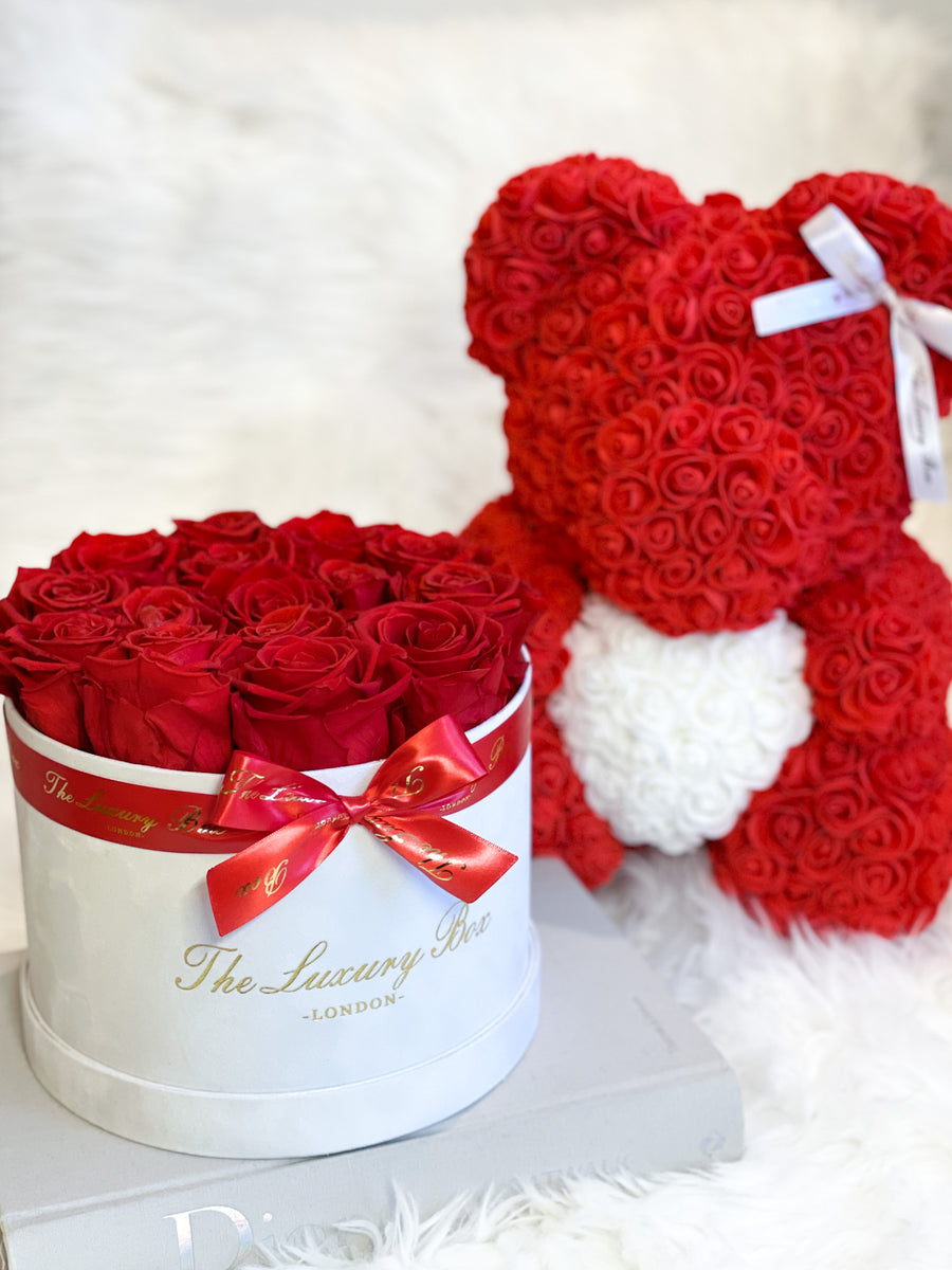 Red Rose bear and Eternity roses box set luxury gift for Valentine's Day, birthdays, wedding anniversary, new baby gift and special occasions