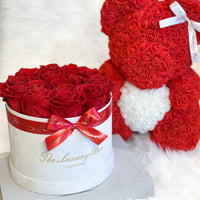 Red Rose bear and Eternity roses box set luxury gift for birthdays, wedding anniversary, new baby gift and special occasions