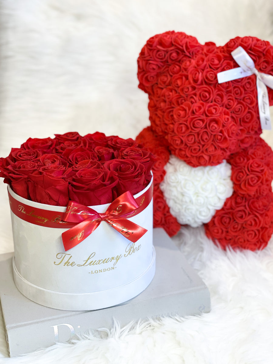 Red Rose bear and Eternity roses box set luxury gift for birthdays, wedding anniversary, new baby gift and special occasions