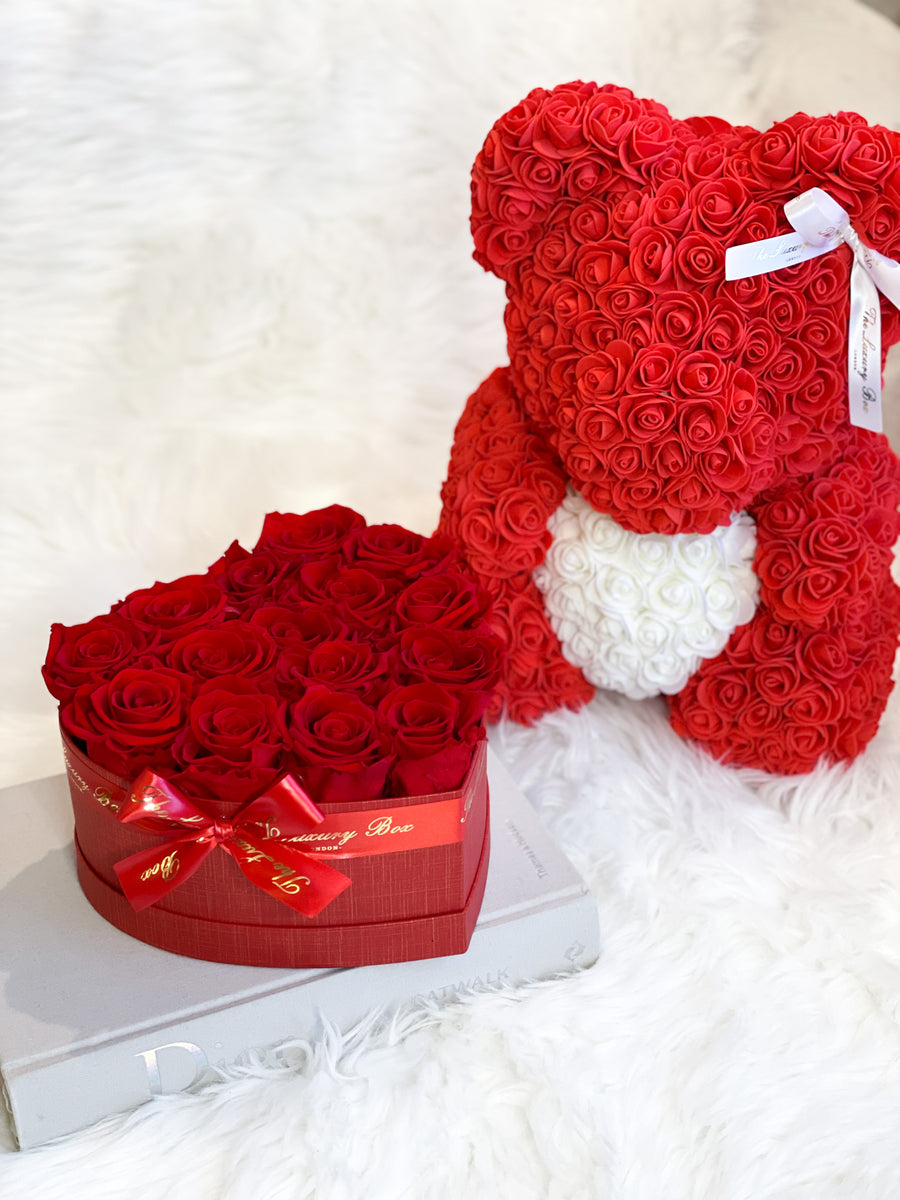 Red Rose Bear & Heart Shaped Rose Box Set | Valentine's Day Flowers Gift Set