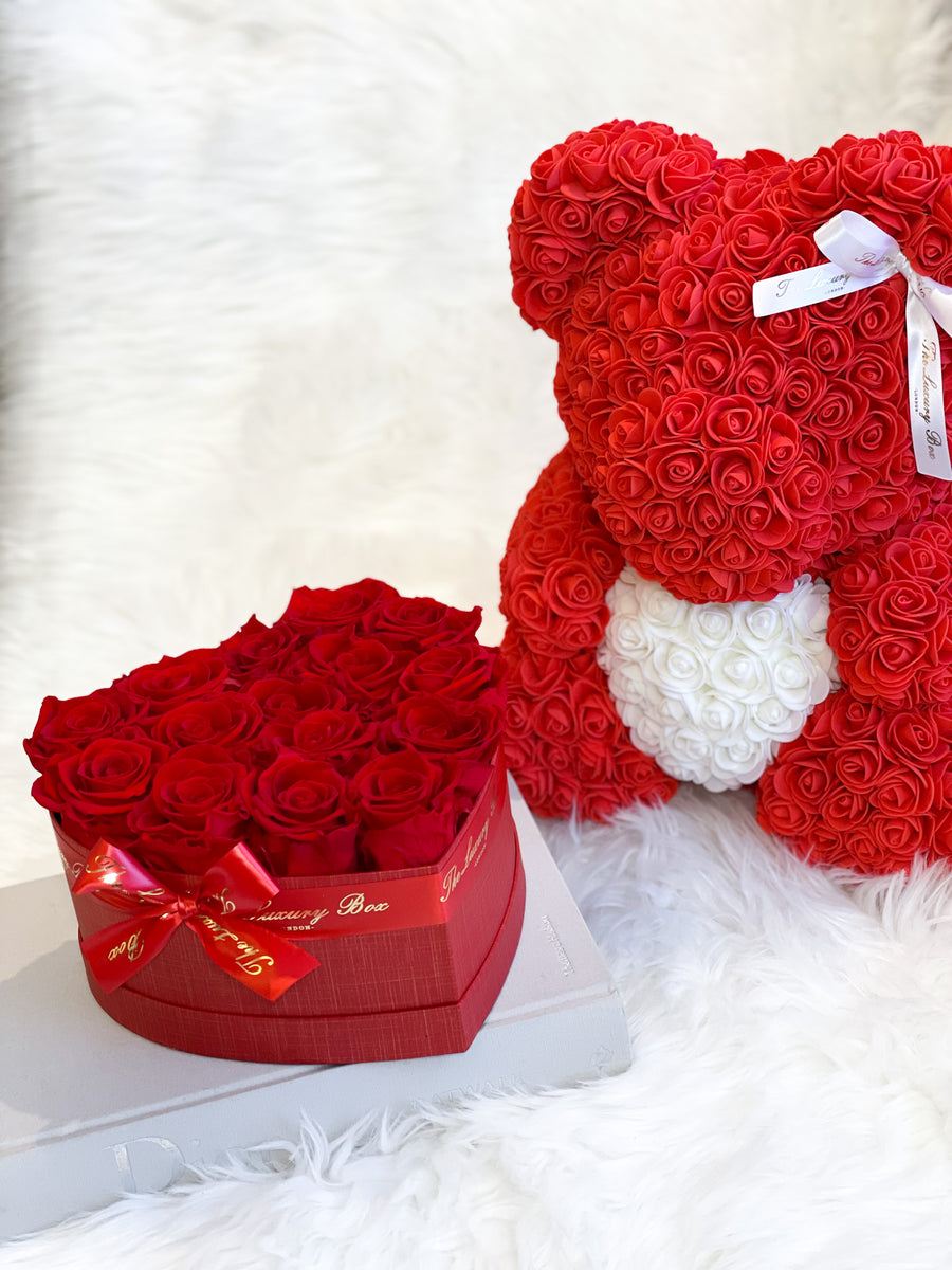 Red Rose Bear & Heart Shaped Rose Box Set | Valentine's Day Flowers Gift Set