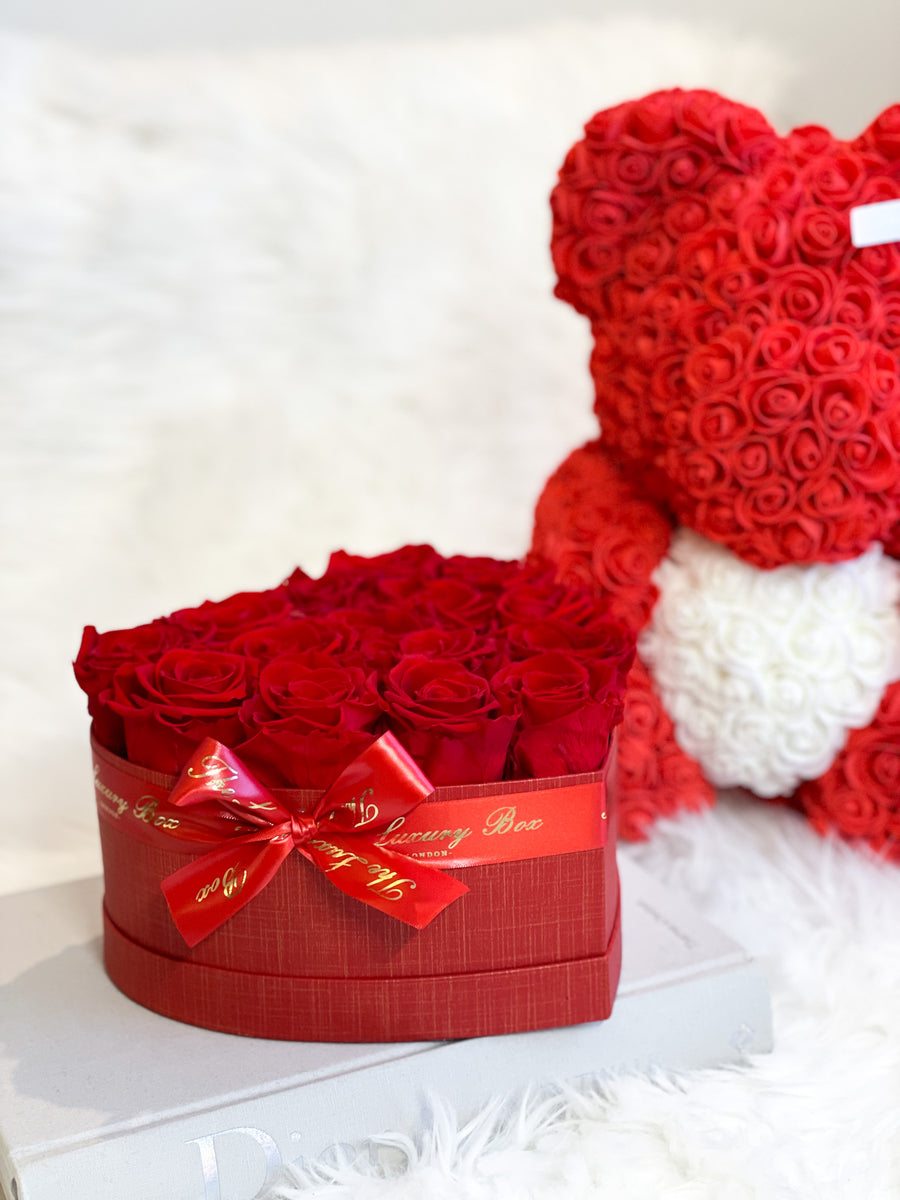 Red Rose Bear & Heart Shaped Rose Box Set | Valentine's Day Flowers Gift Set