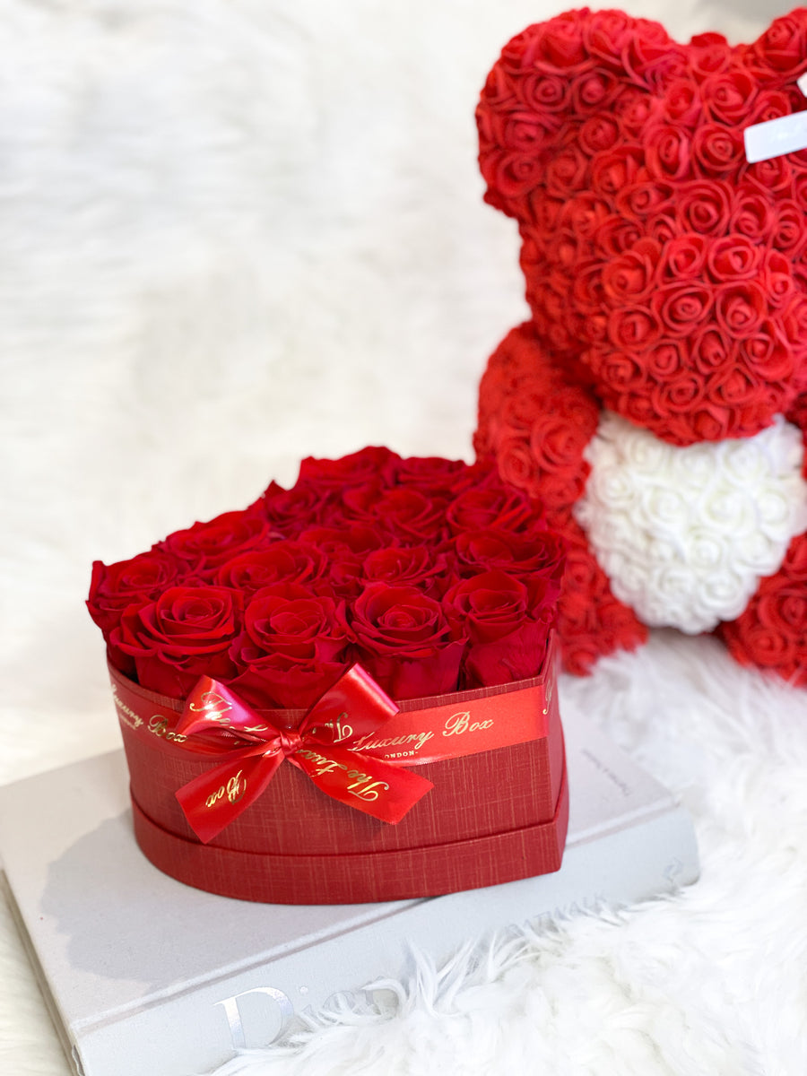 Red Rose Bear & Heart Shaped Rose Box Set | Valentine's Day Flowers Gift Set