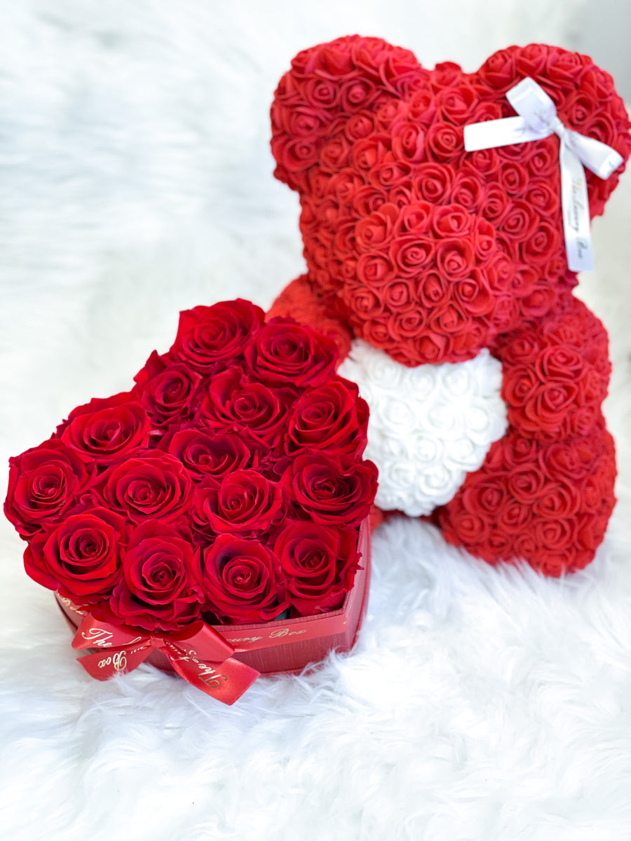 Red Rose Bear & Heart Shaped Rose Box Set | Valentine's Day Flowers Gift Set