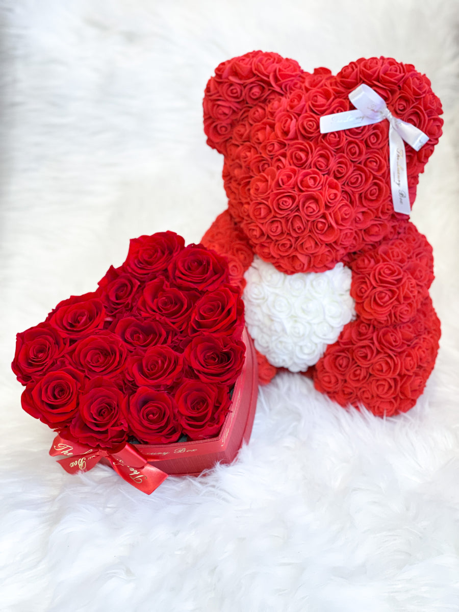 Red Rose Bear & Heart Shaped Rose Box Set | Valentine's Day Flowers Gift Set